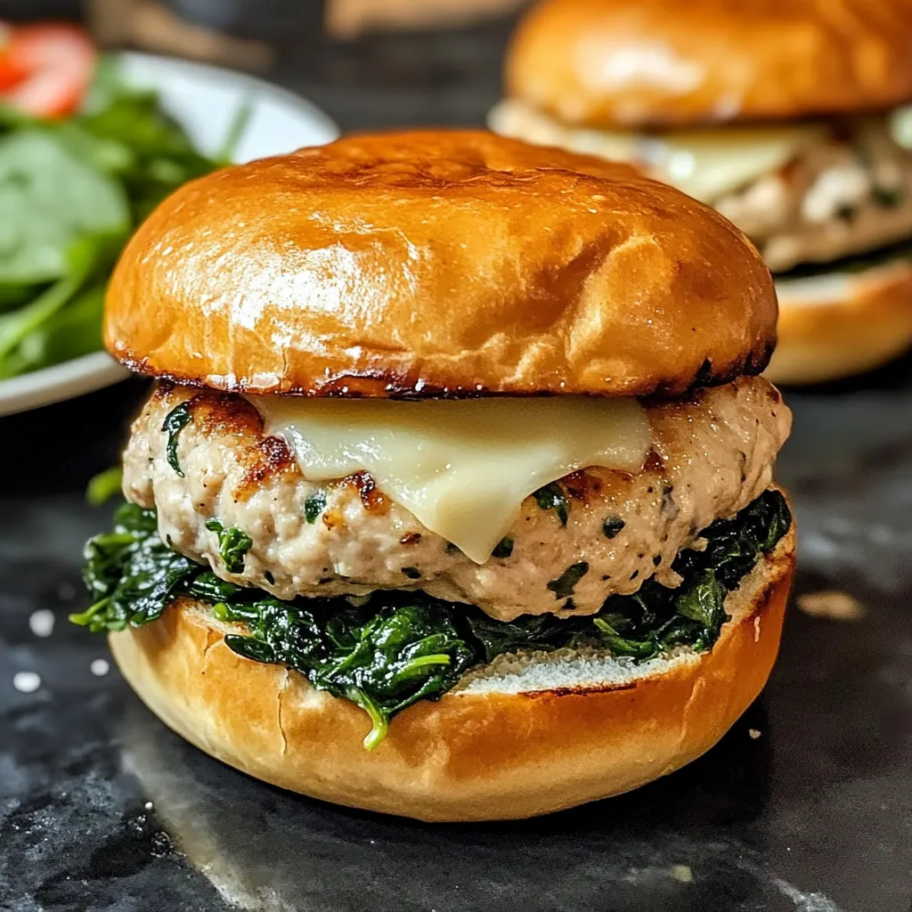Two white cheddar spinach chicken burgers.