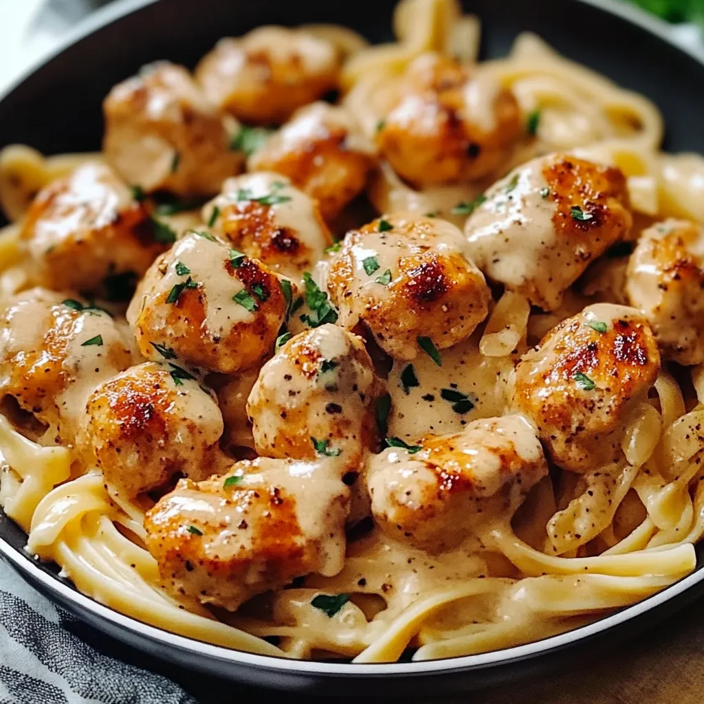 A plate of garlic butter chicken bites with creamy parmesan pasta.