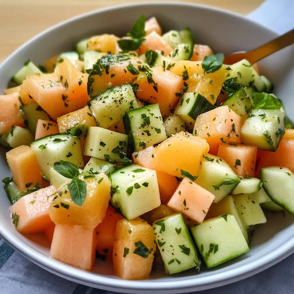 A bowl of fresh cut melon and cucumber salad.