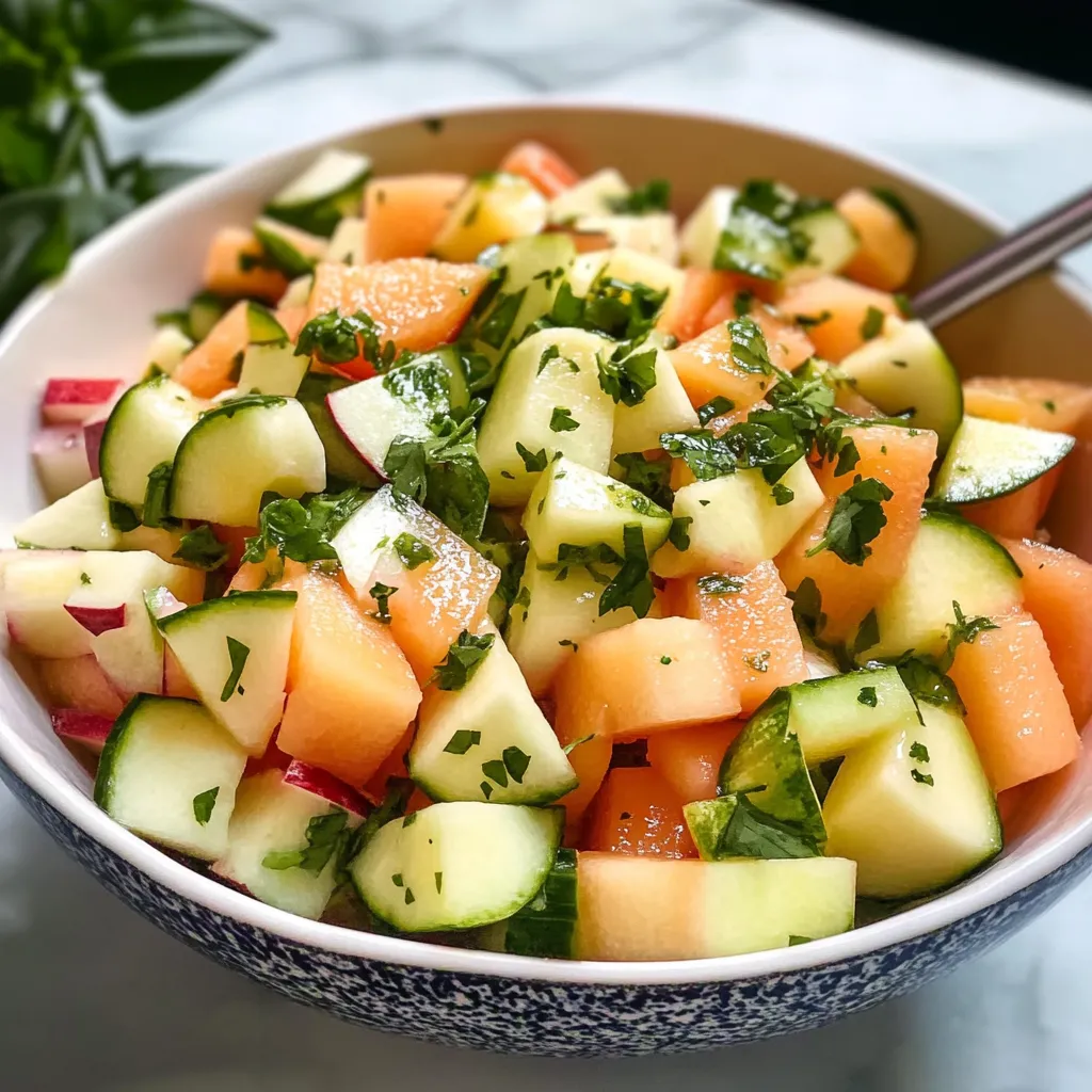 A bowl of fresh cut melon and cucumber salad.