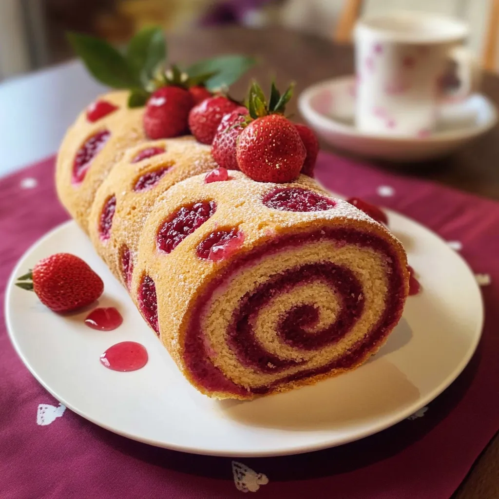 A strawberry jam roll cake on a plate.
