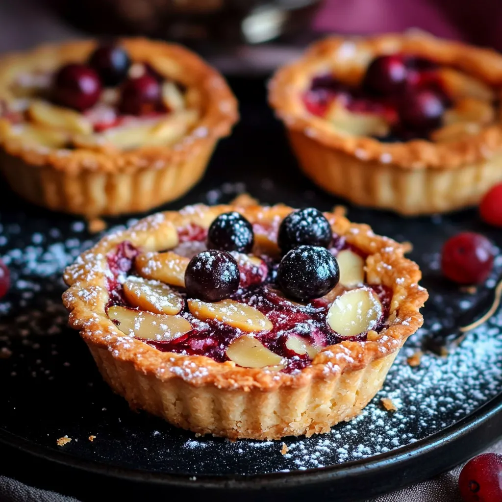 A close up of a red berry almond tart.