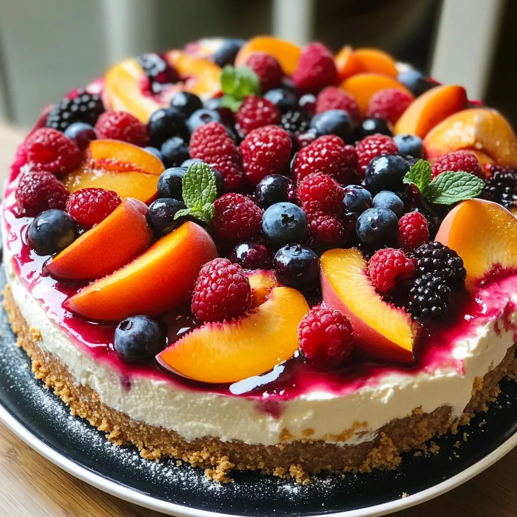 A slice of summer berry and peach cheesecake.