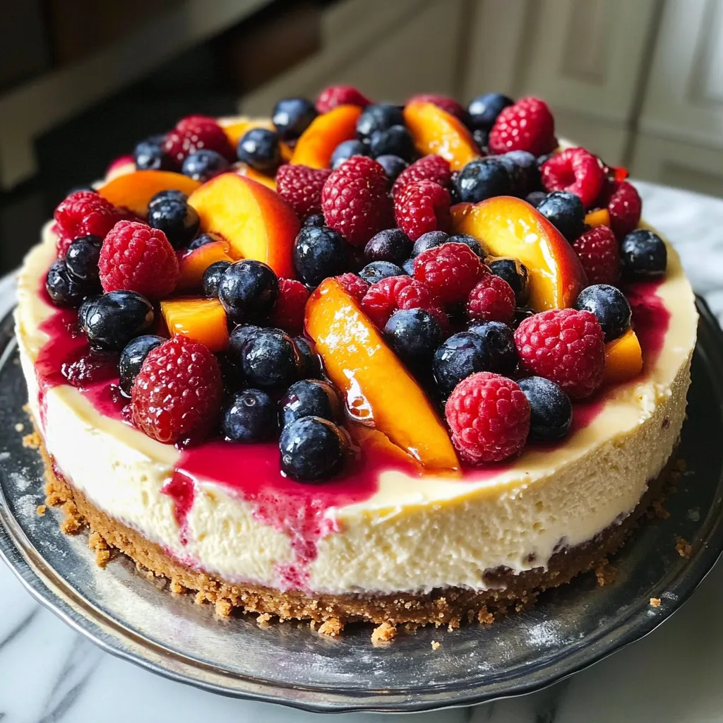 A slice of summer berry and peach cheesecake.