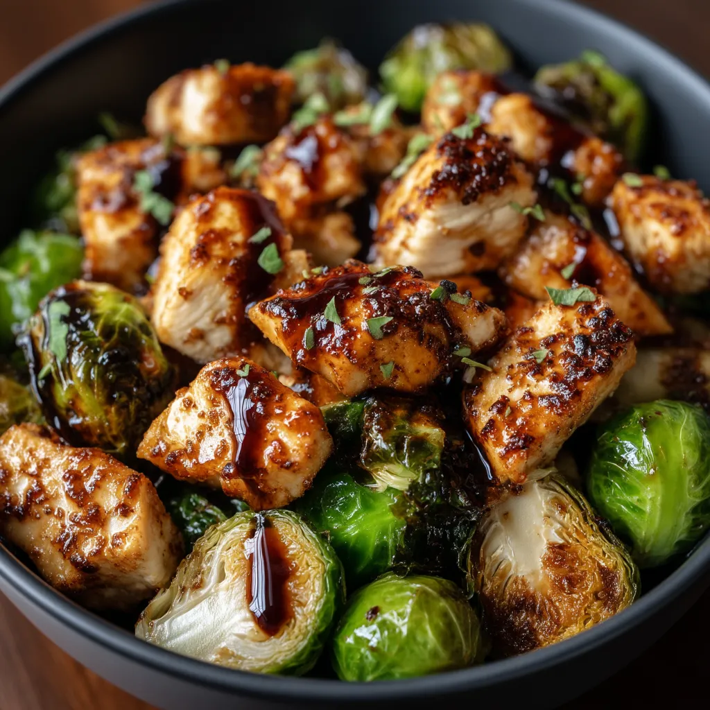 A bowl of food with chicken and Brussels sprouts.