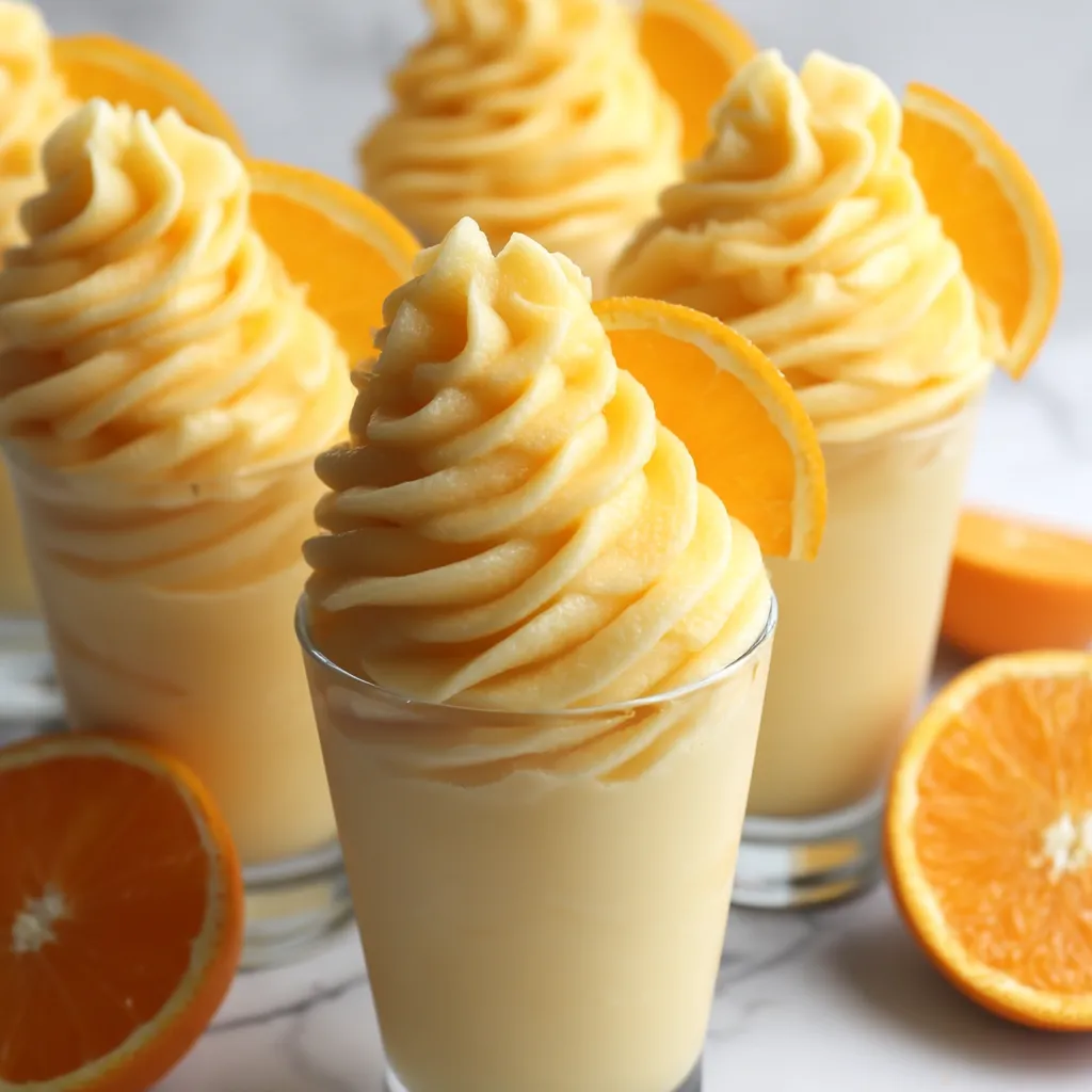 A glass of orange whip with orange slices on the side.