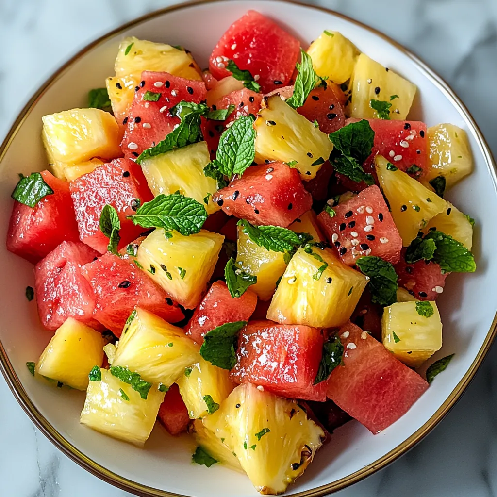 A bowl of watermelon and pineapple salad.