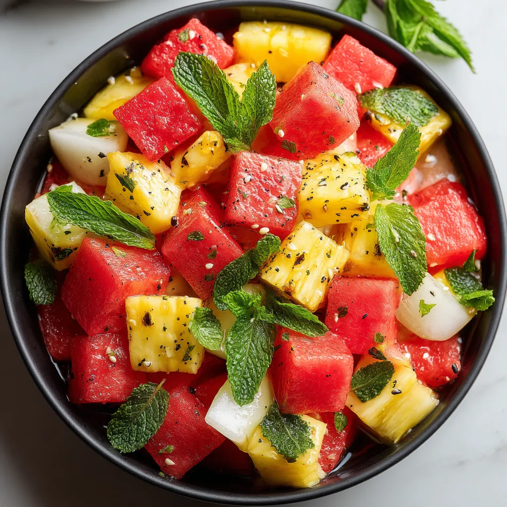 A bowl of watermelon and pineapple salad.