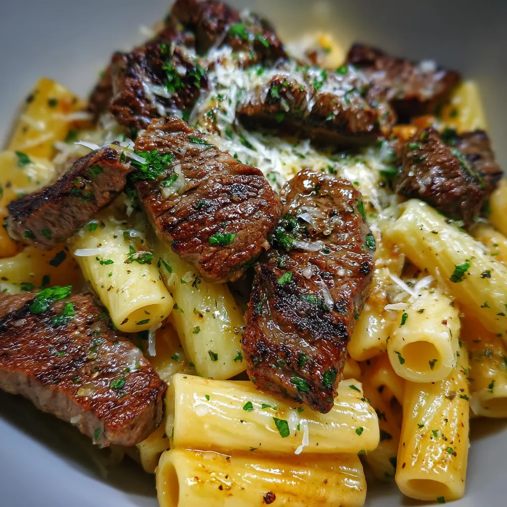 A plate of garlic butter steak tips and cheesy rigatoni.