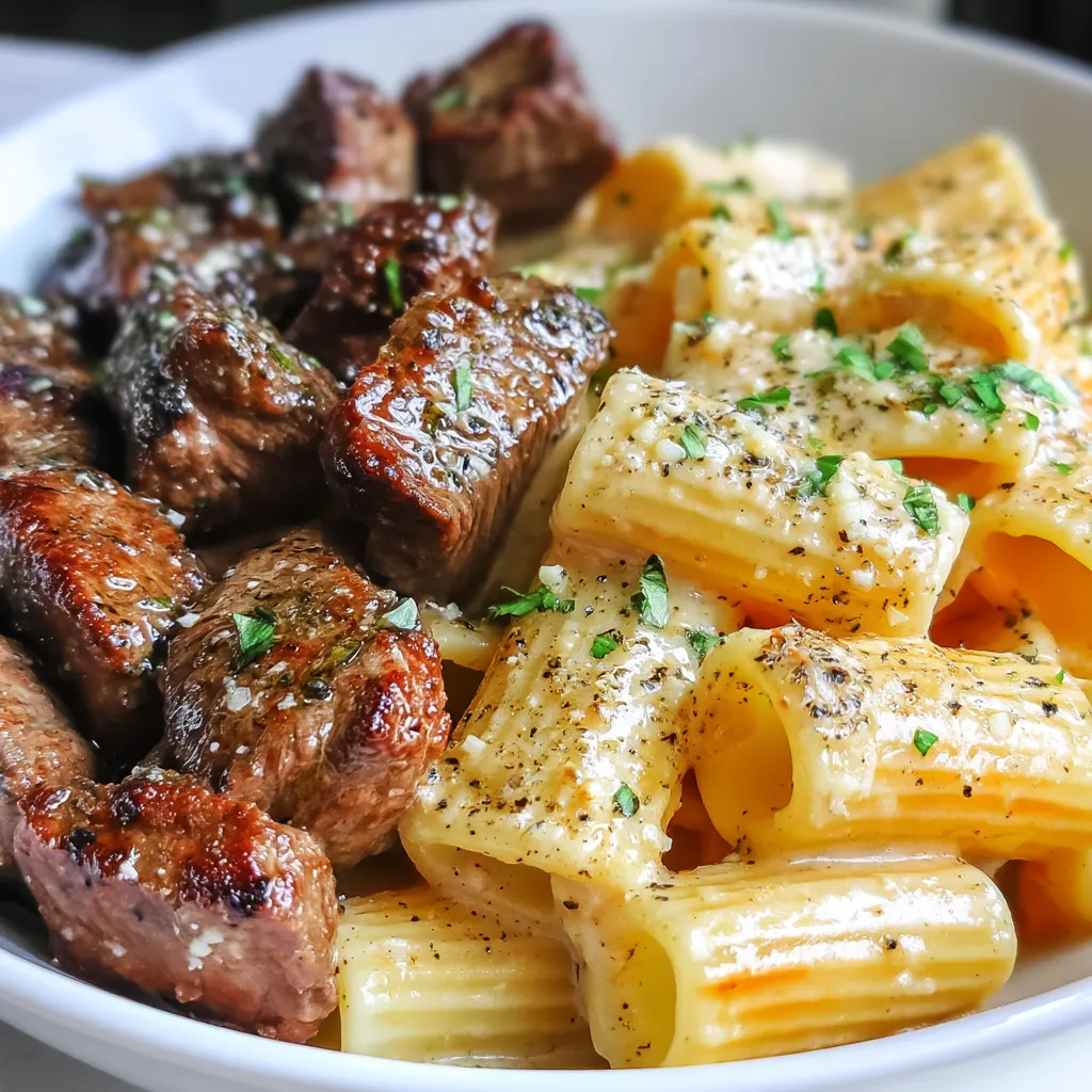 A plate of garlic butter steak tips and cheesy rigatoni.