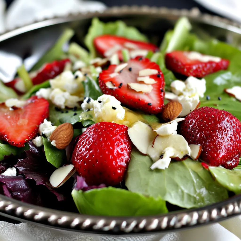 A plate of salad with strawberries and blue cheese.