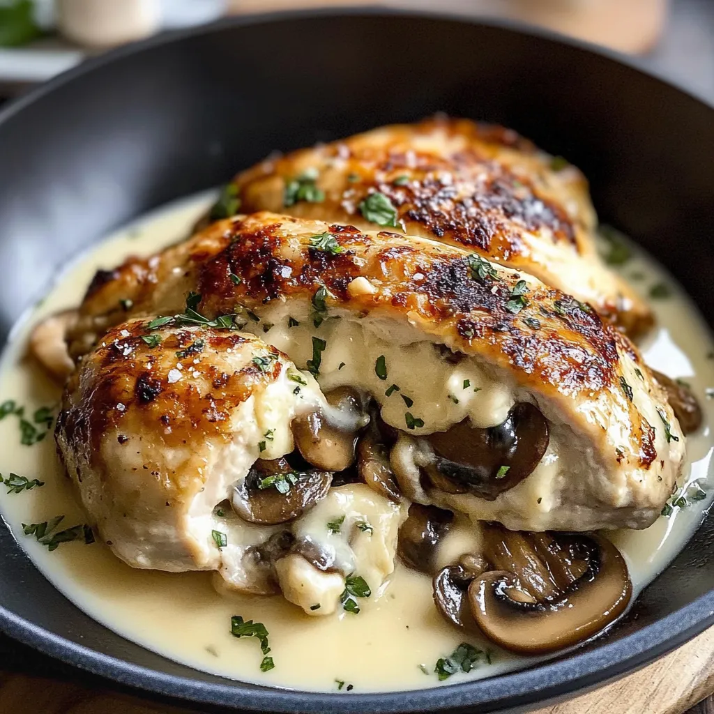 A dish of chicken with mushrooms and garlic butter.