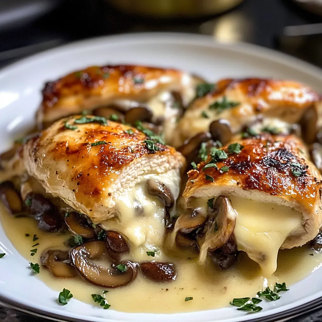 A plate of chicken with mushrooms and garlic butter.