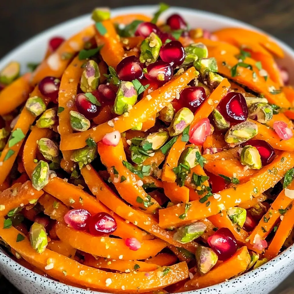 A bowl of carrot salad with pistachios and pomegranate.