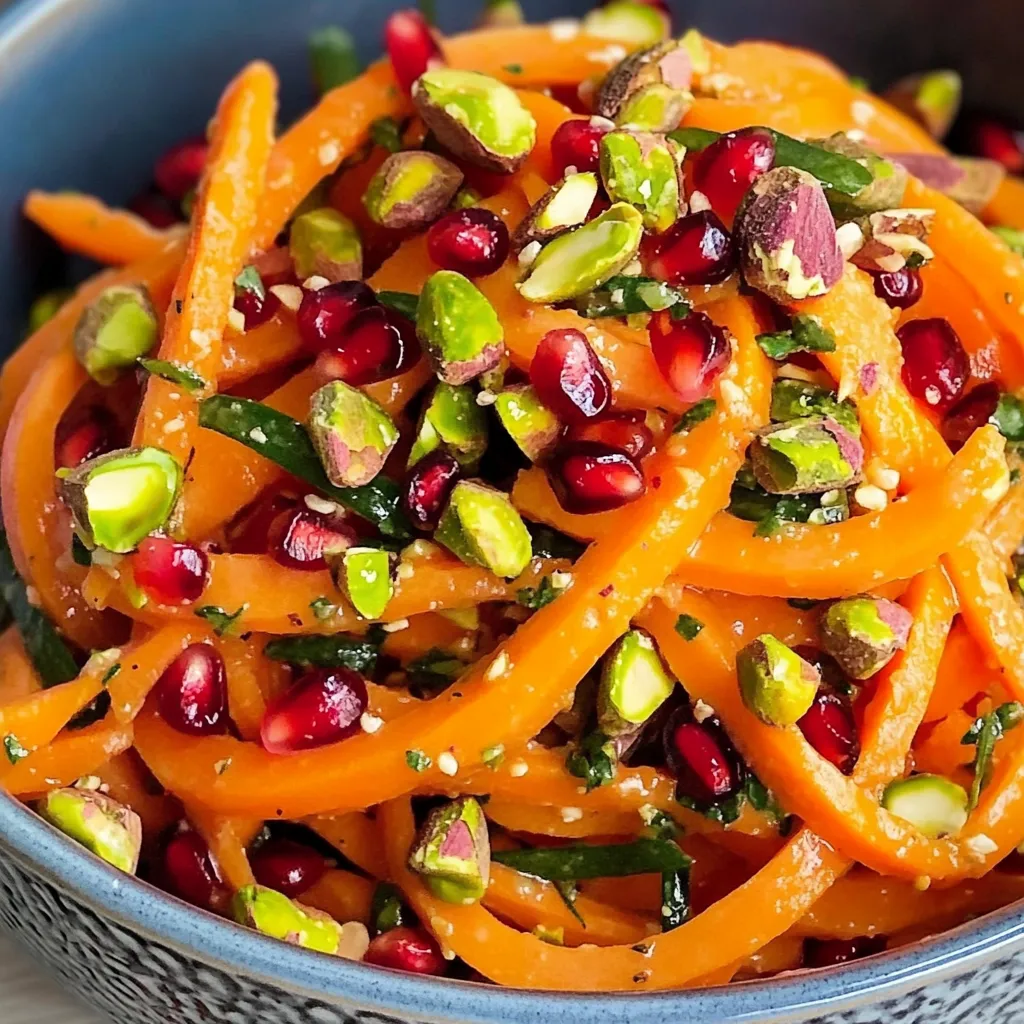 A bowl of carrot salad with pistachios and pomegranate.