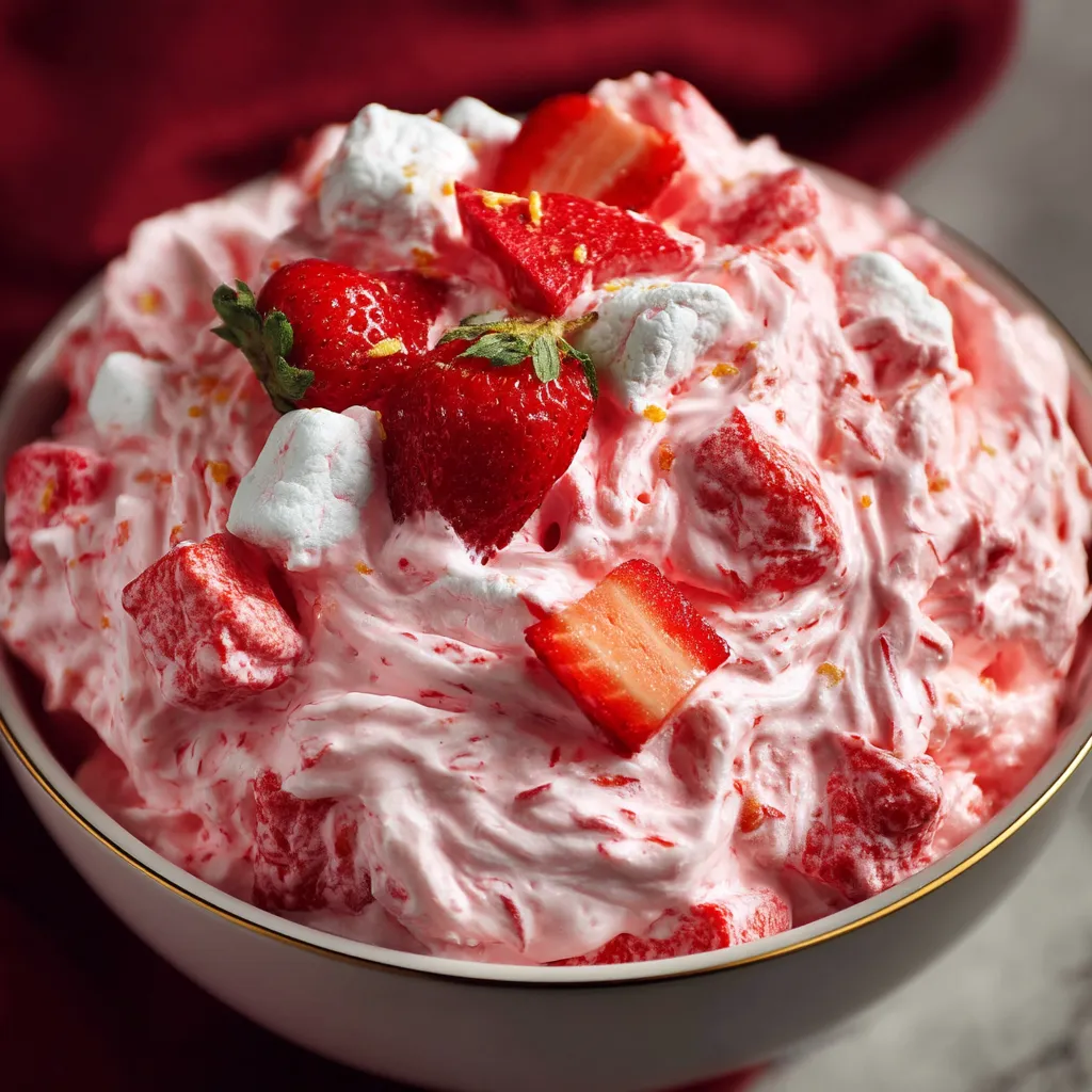 A bowl of strawberry fluff salad.