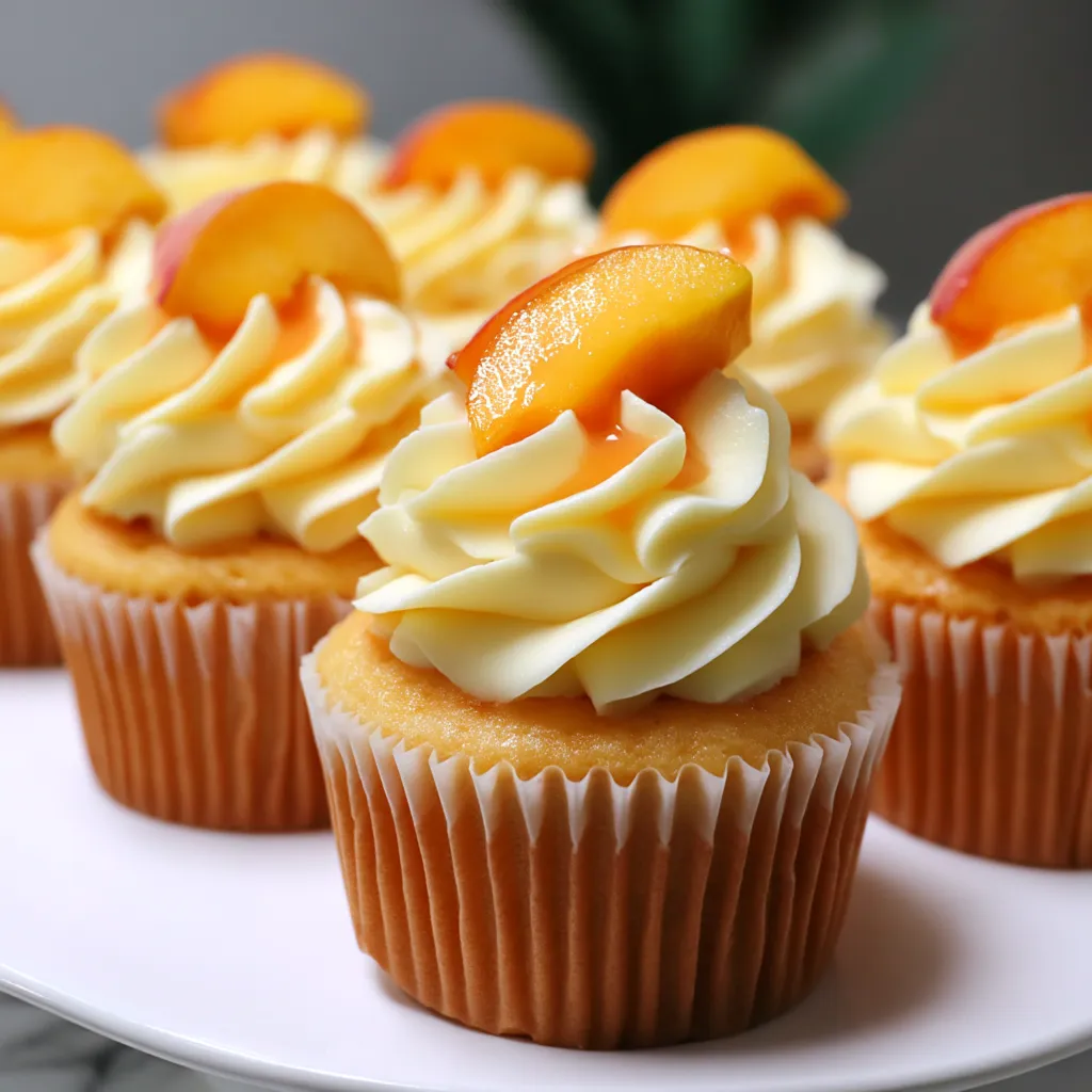 Peach cupcakes with white frosting and peach slices on top.