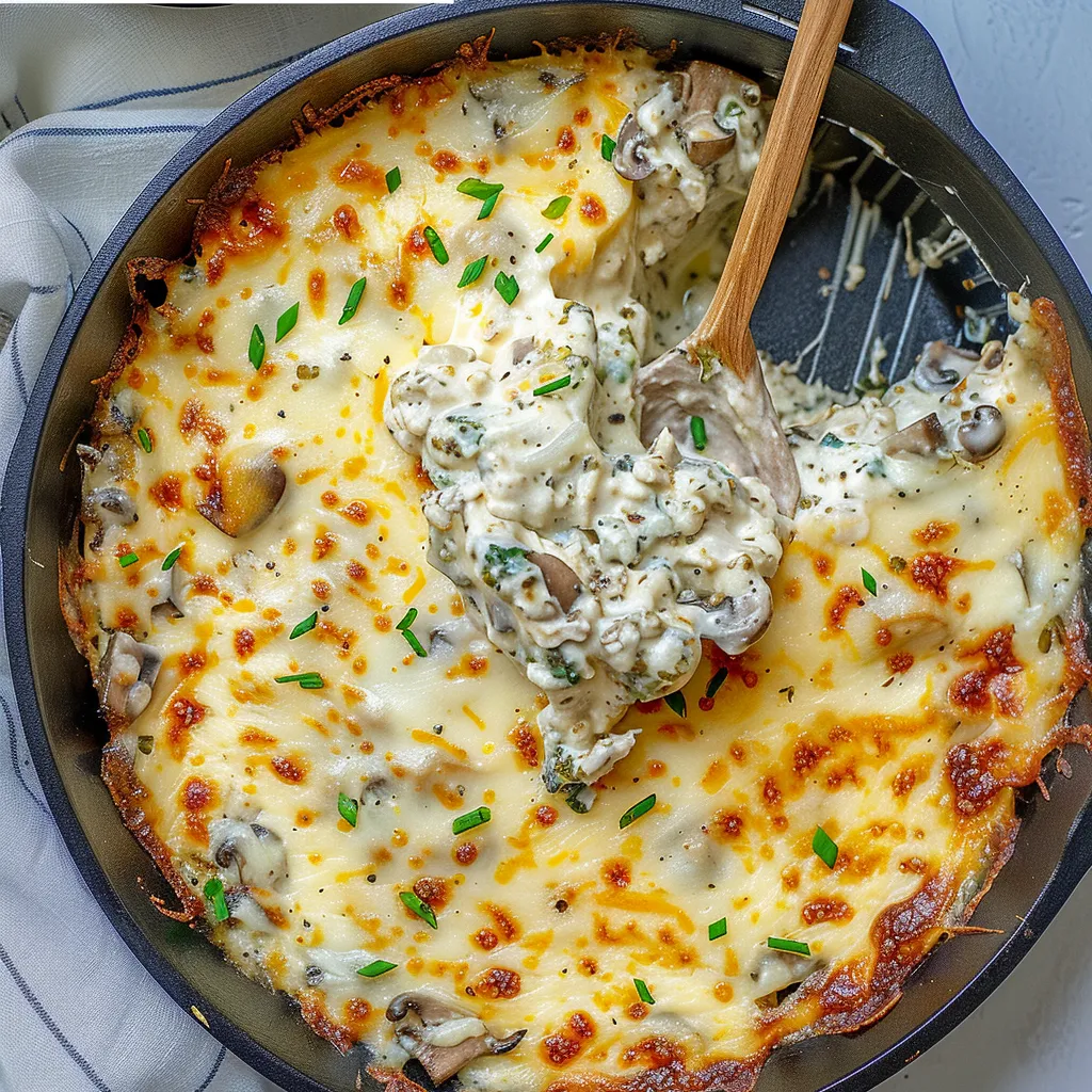 A pan of stuffed mushroom dip.