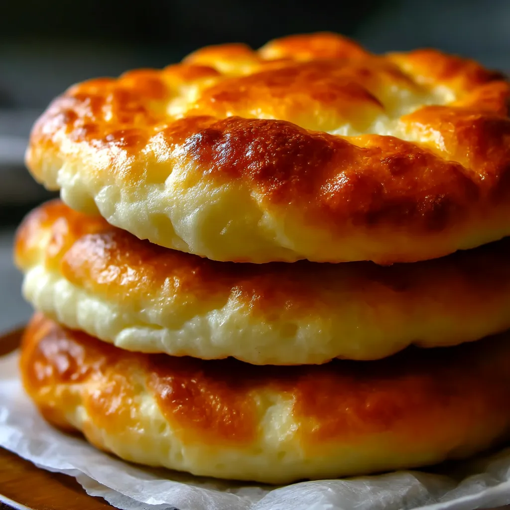 Three stacks of fluffy cottage cheese cloud bread.