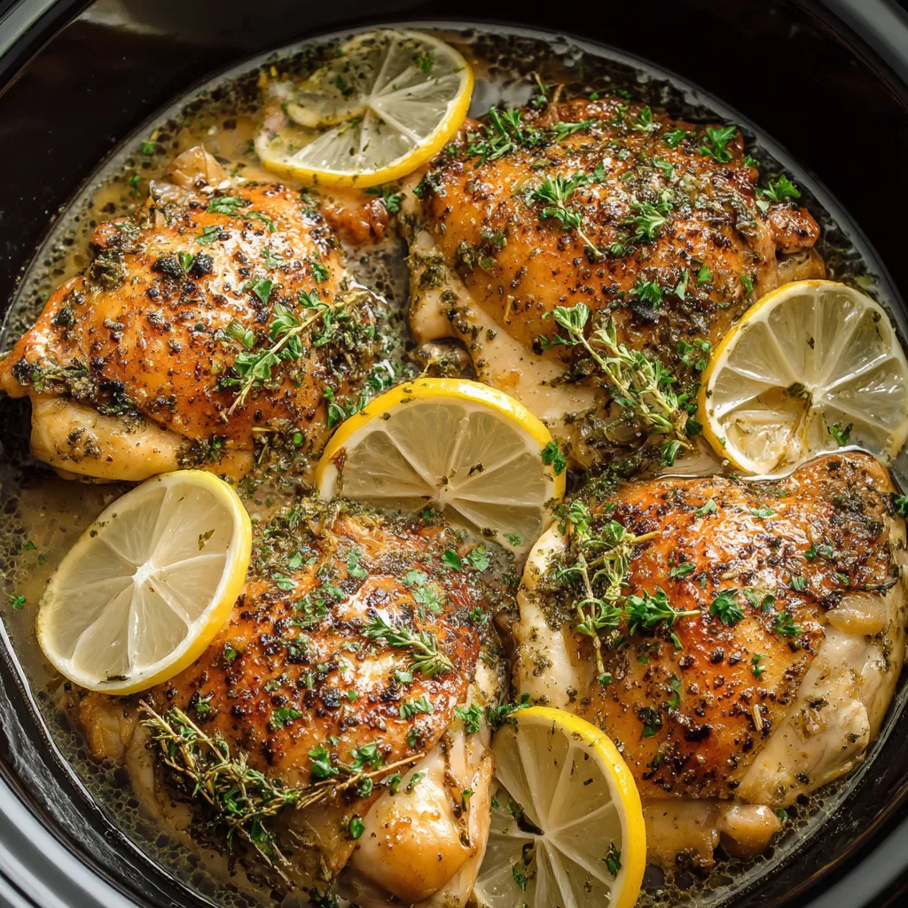 A slow cooker filled with lemon garlic chicken.