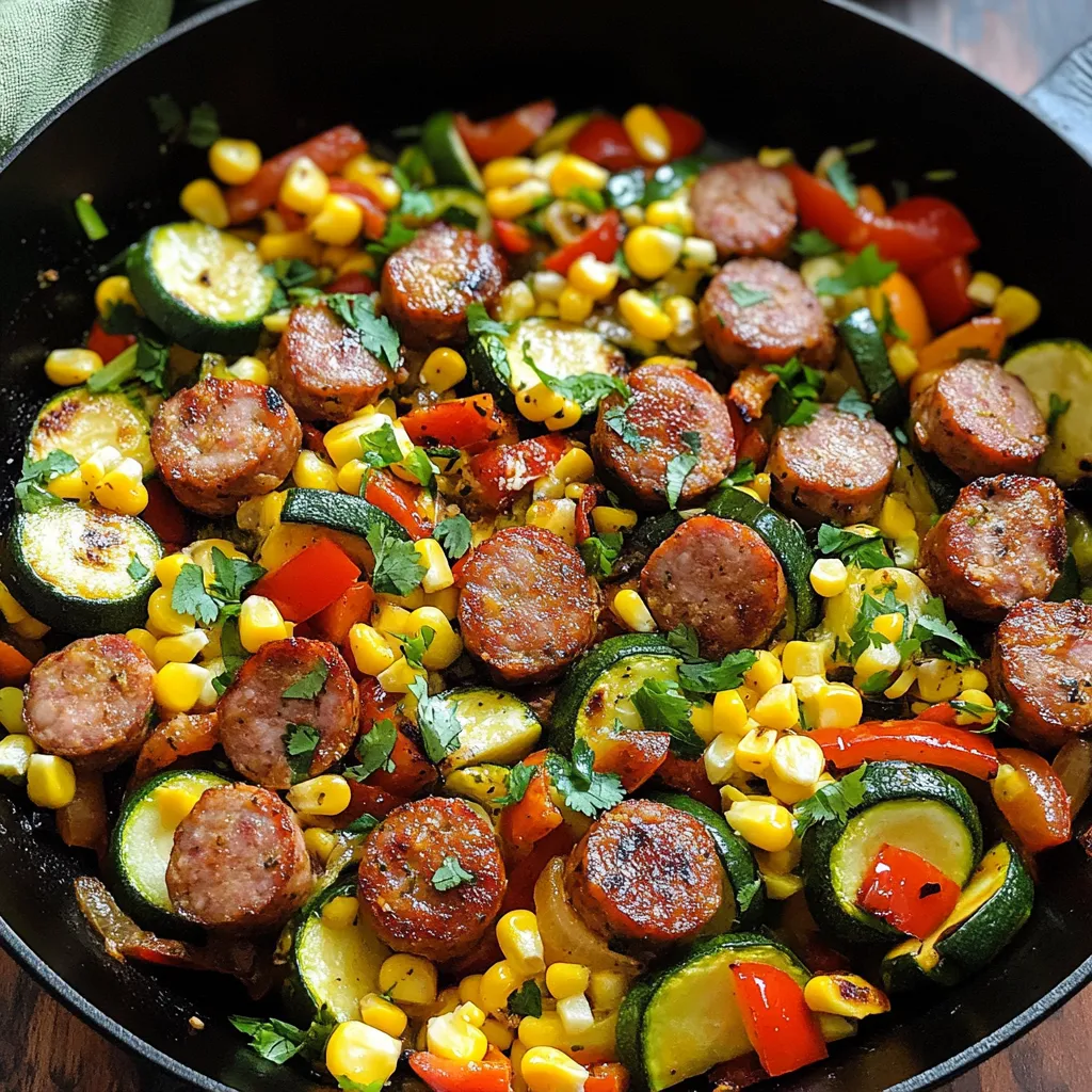A skillet full of sausage and vegetables.