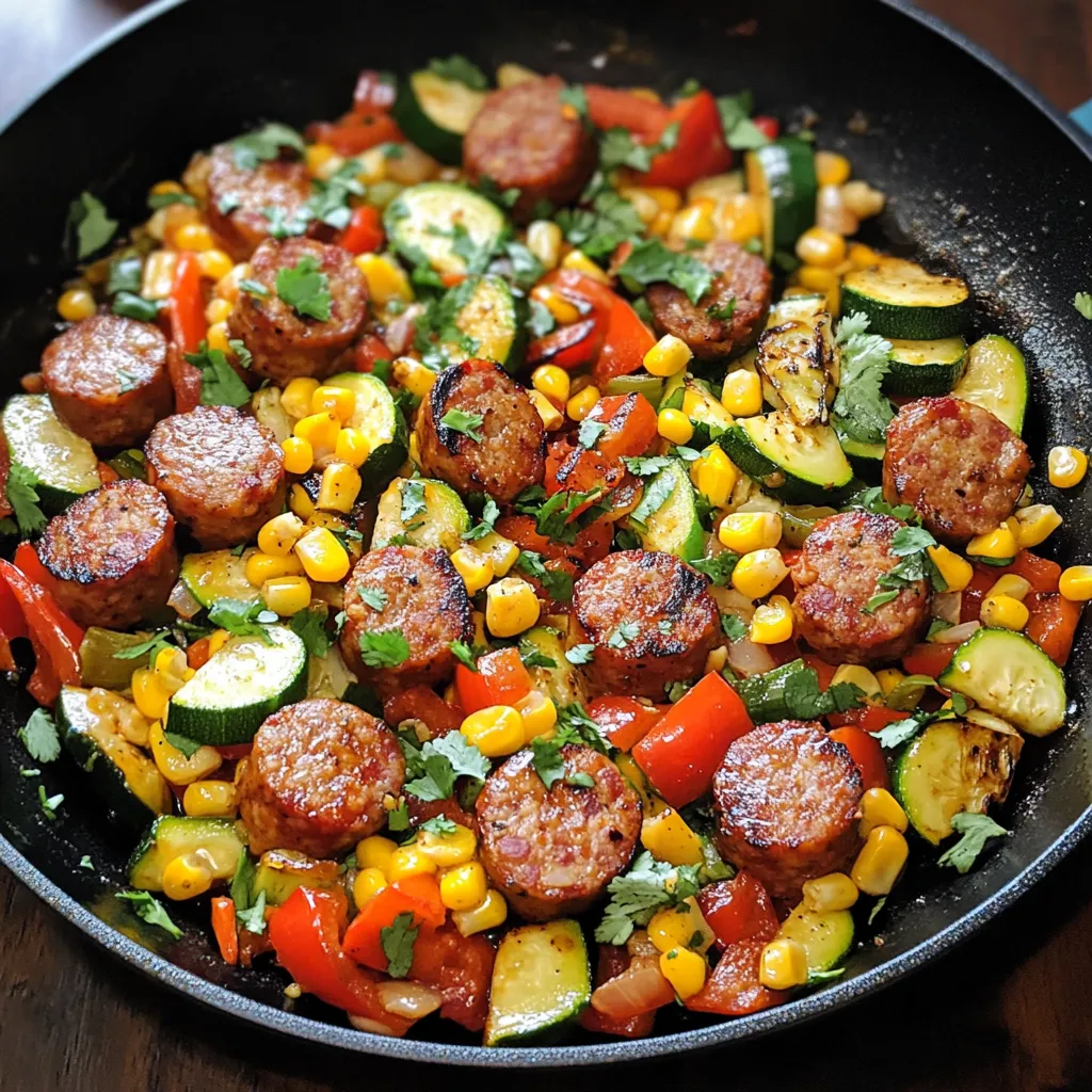 A skillet full of sausage and vegetables.