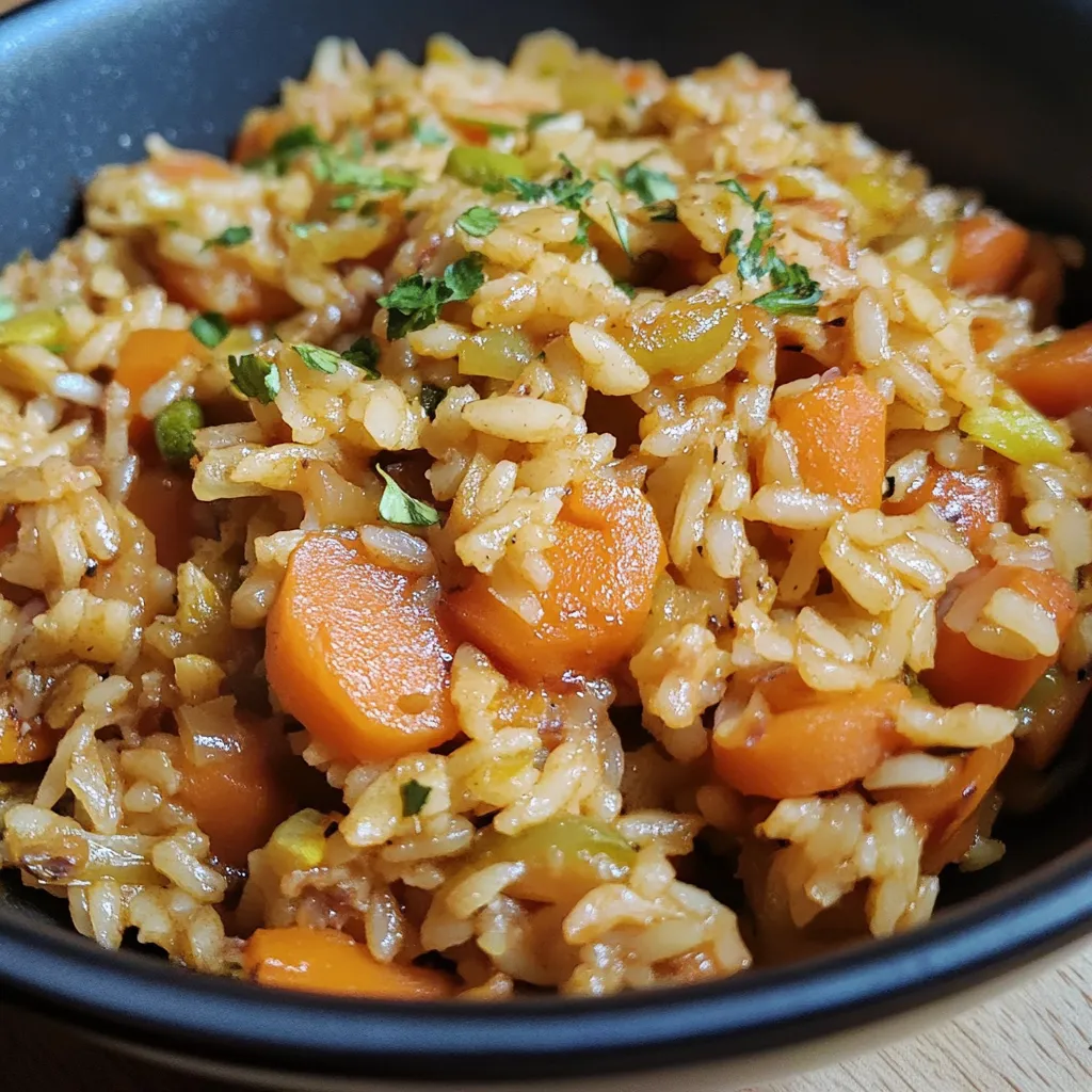 A bowl of rice with carrots and leeks.