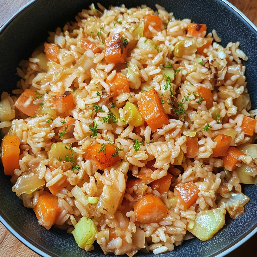 A bowl of rice with carrots and leeks.