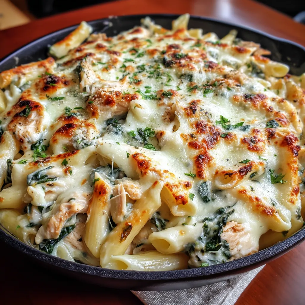 A plate of spinach dip chicken pasta.