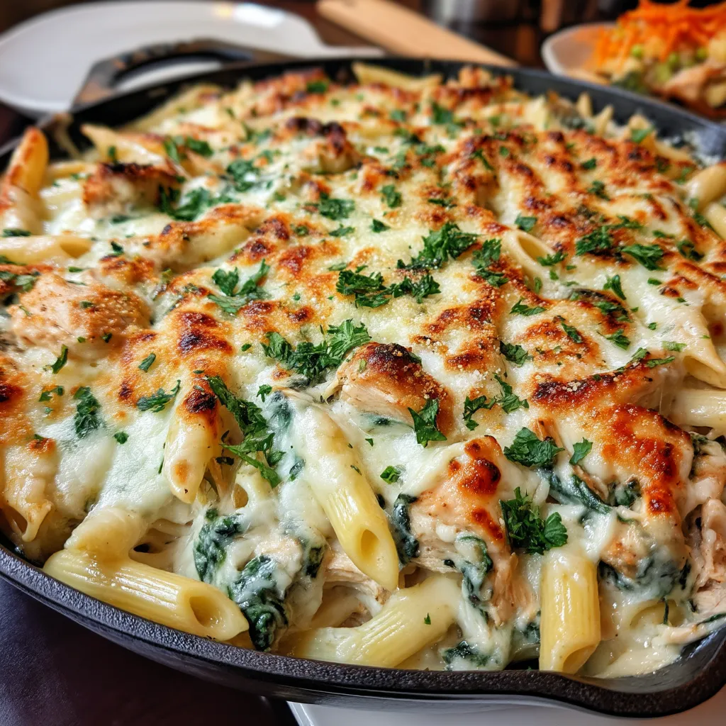A pan of spinach dip chicken pasta.