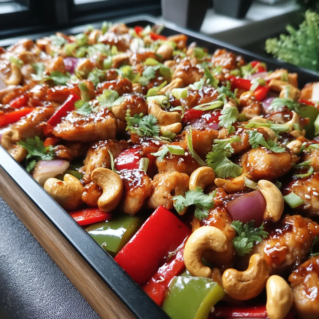 A pan of chicken with peppers and nuts.