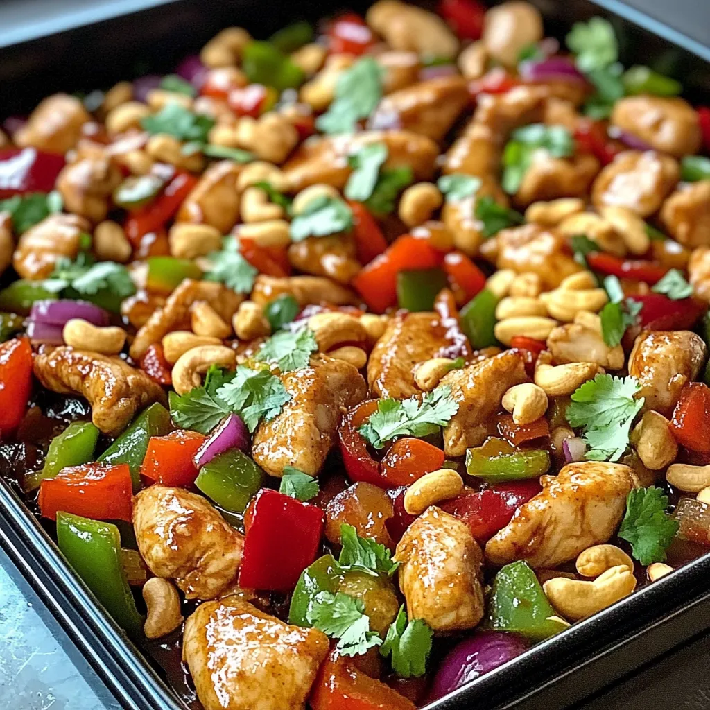 A dish of chicken with peppers and nuts on a black tray.