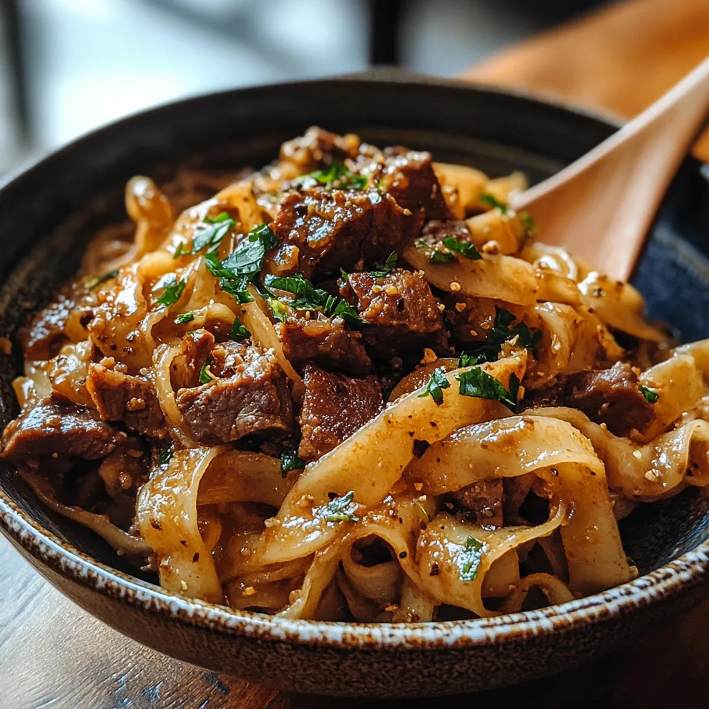 A bowl of noodles with meat and herbs.