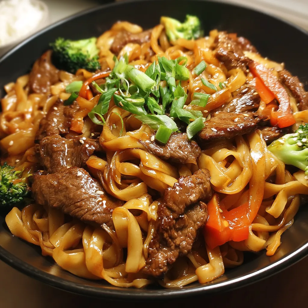 A bowl of beef noodles with broccoli and peppers.