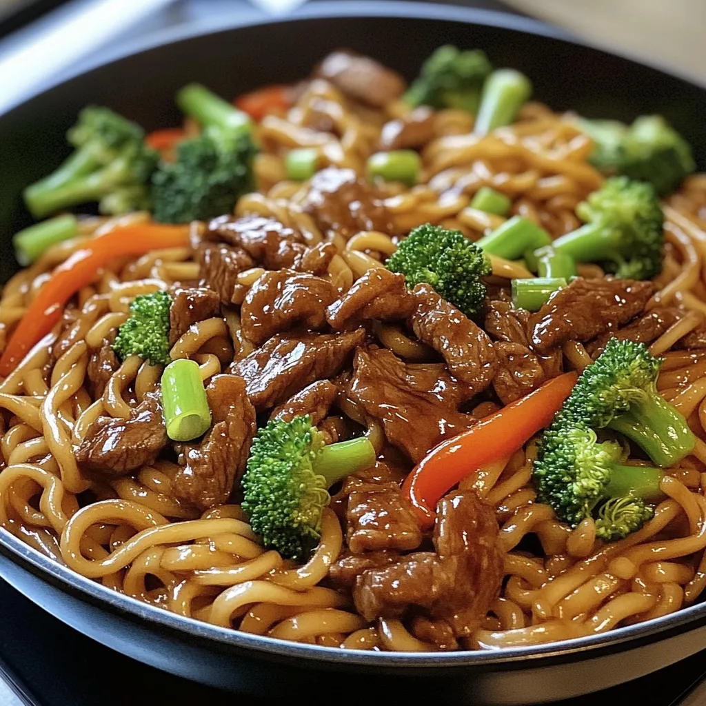 A bowl of beef noodles with broccoli and carrots.