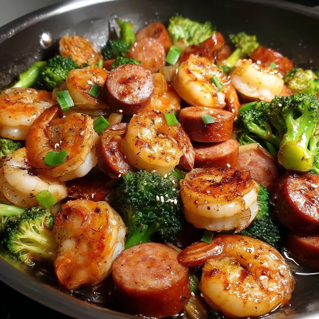 A close up of a delicious stir fry with shrimp, sausage, and broccoli.