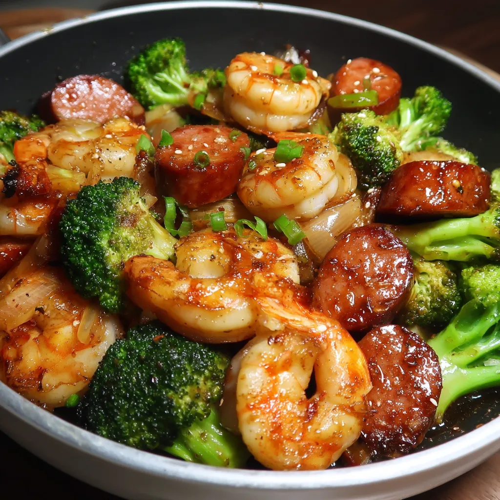 A pan of shrimp and sausage stir fry with broccoli.