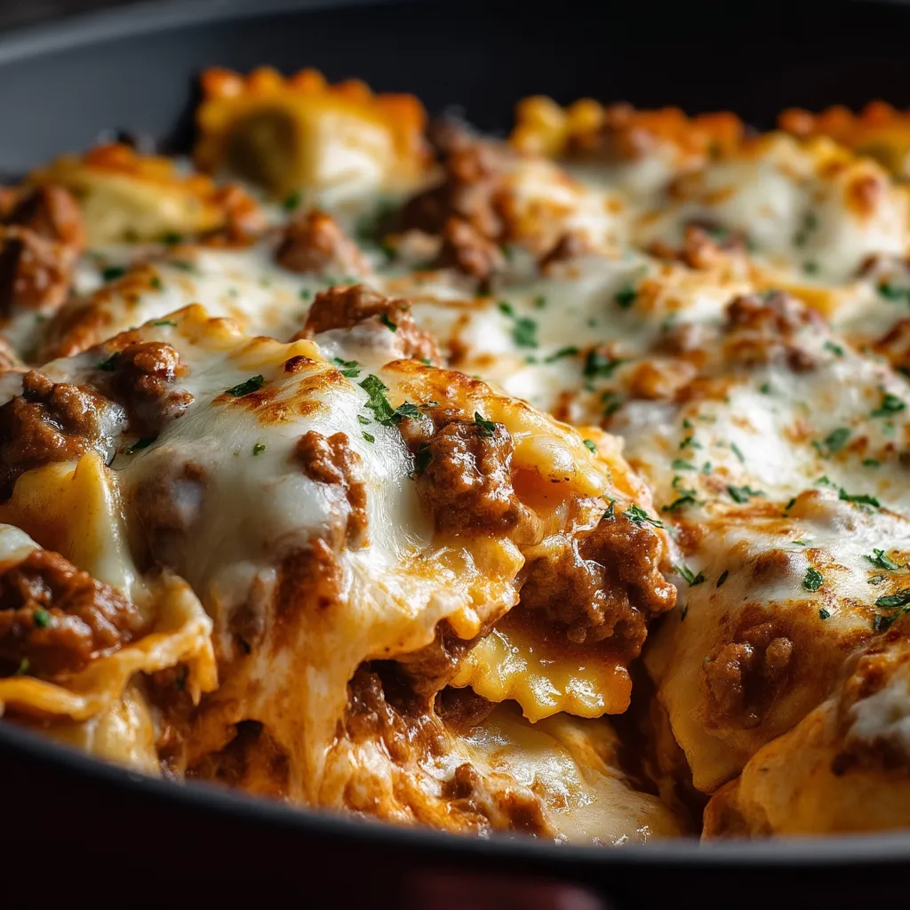 A dish of Million Dollar Ravioli Casserole.