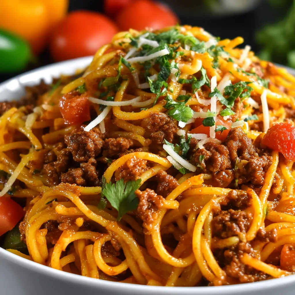 A bowl of spaghetti with meat and tomatoes.