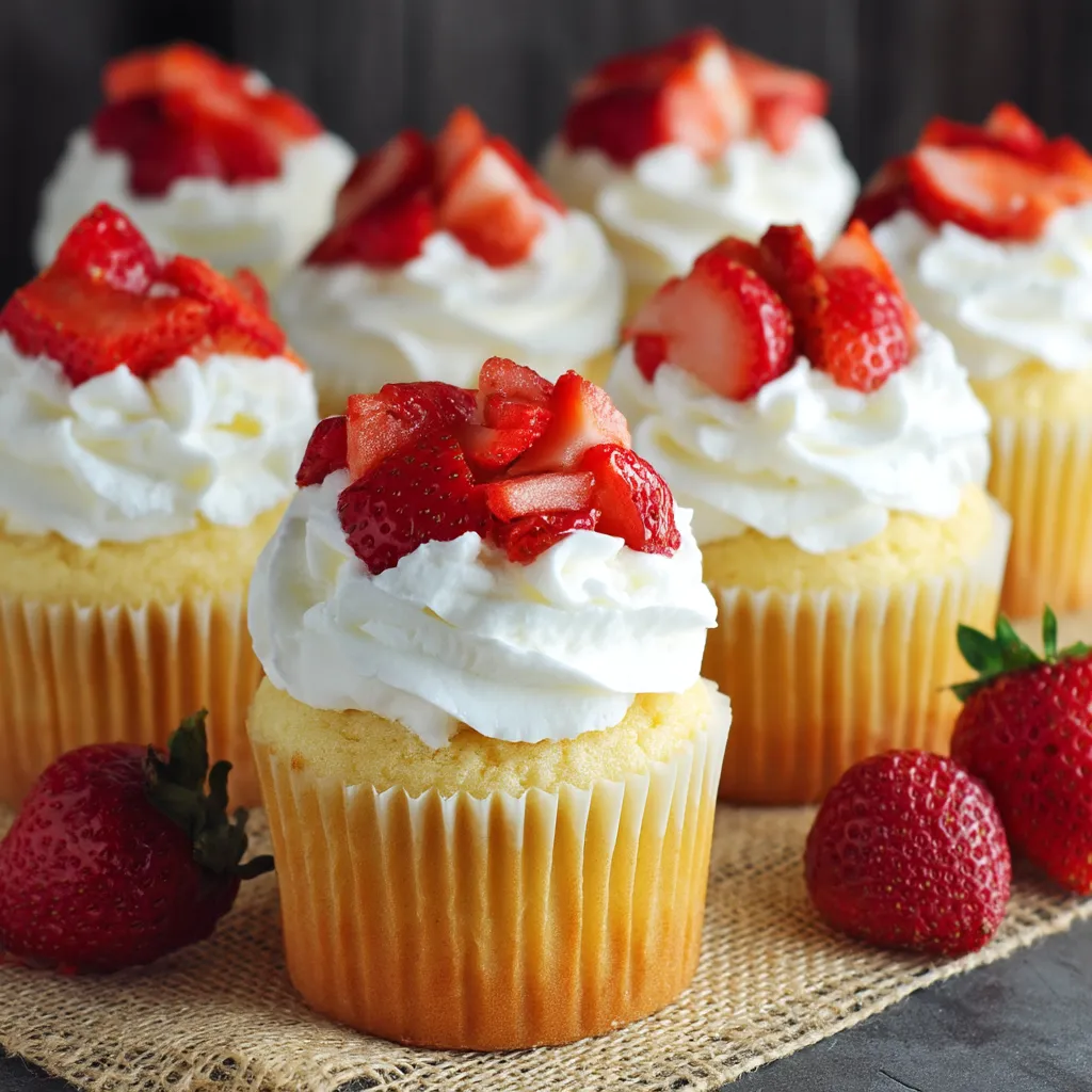 A plate of cupcakes with strawberries on top.