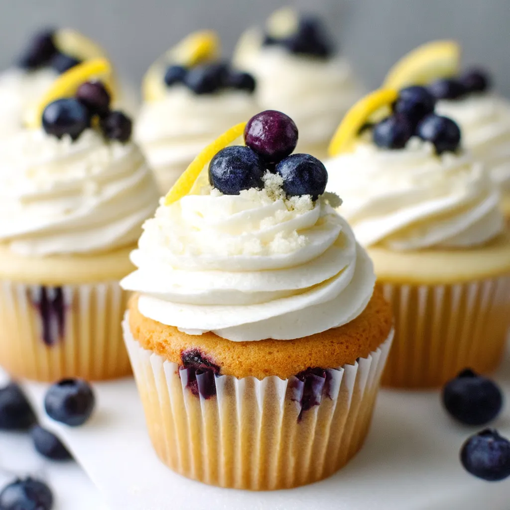 A cupcake with blueberries and lemon on top.