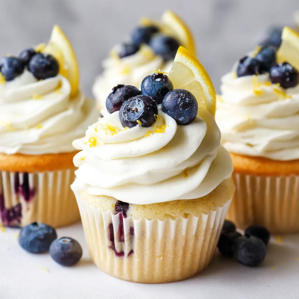 Three cupcakes with blueberries and lemon on top.