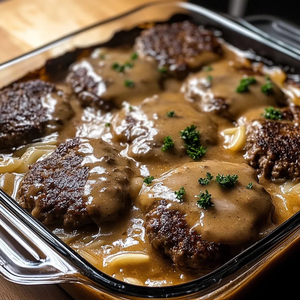 A dish of Amish Hamburger Steak Bake.