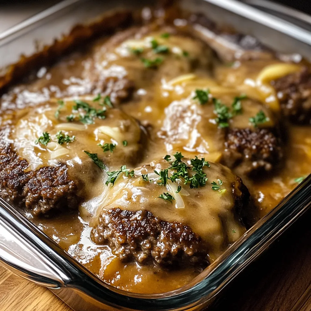 A dish of Amish Hamburger Steak Bake.