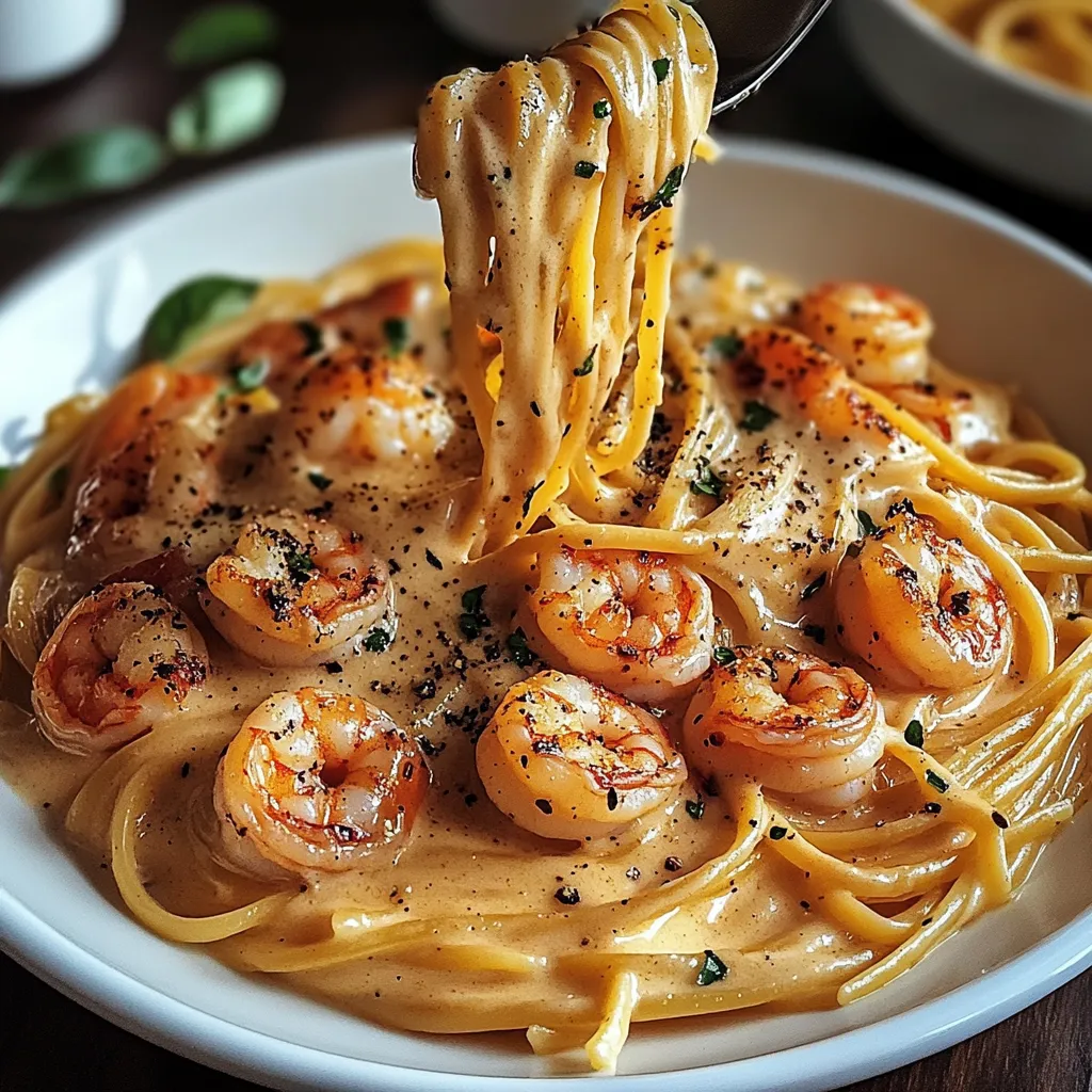 A bowl of shrimp pasta with a spoon in it.