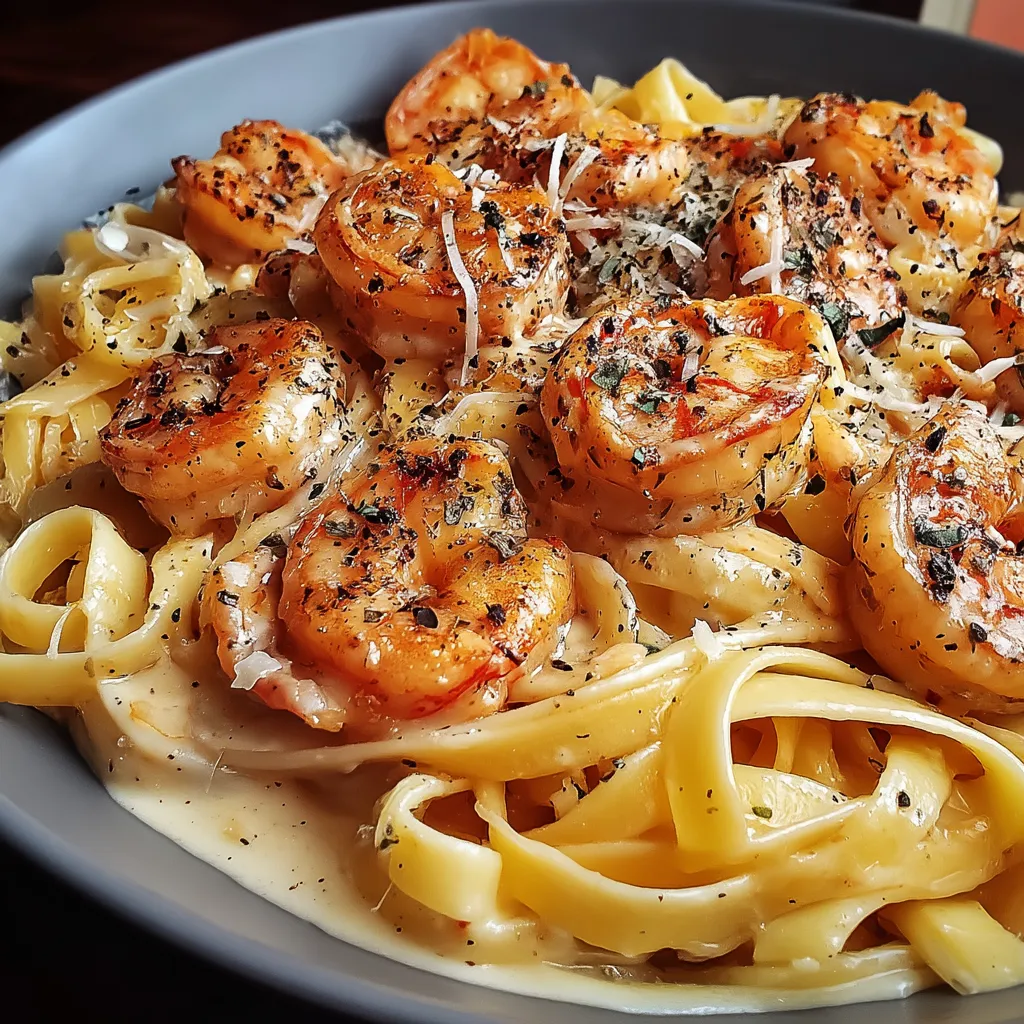 A bowl of shrimp pasta.