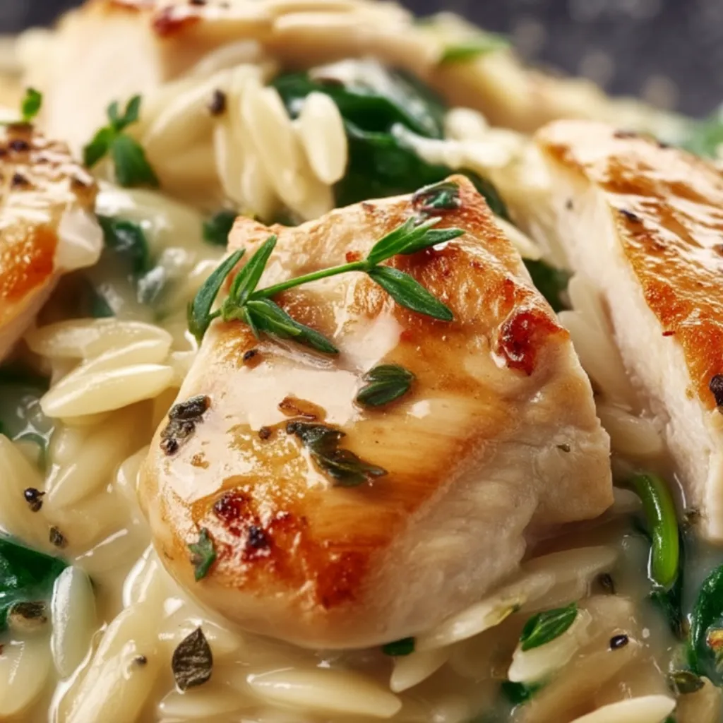 A plate of Boursin Orzo with chicken.