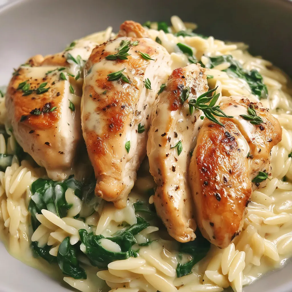 A bowl of pasta with chicken and herbs.