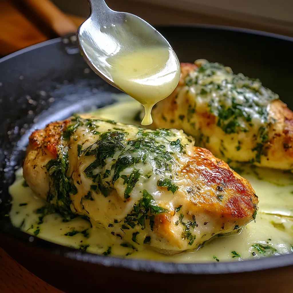Mozzarella chicken in basil cream sauce.