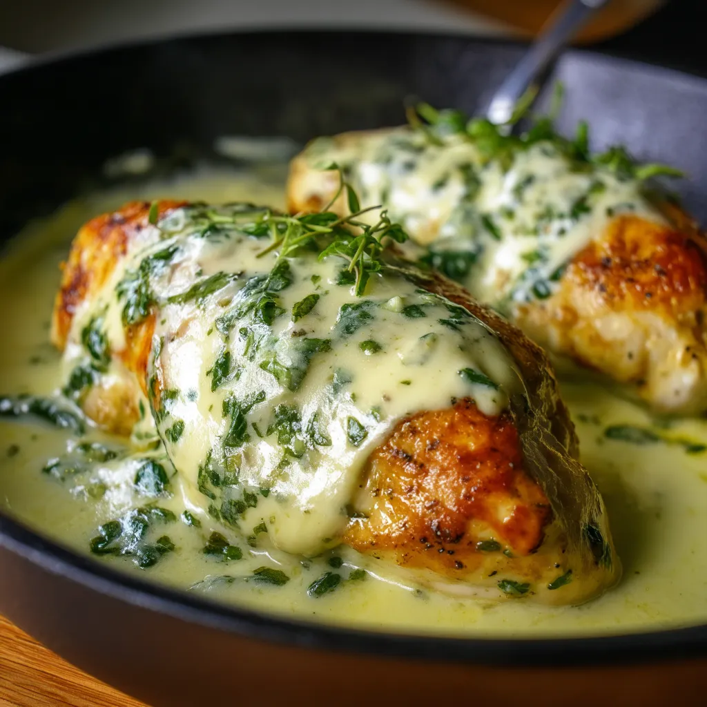 Mozzarella chicken in basil cream sauce.